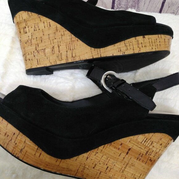 Y2K Franco Sarto Roxanne Peep Toe Wedge Heels US 10 Black Suede - Picture 9 of 12